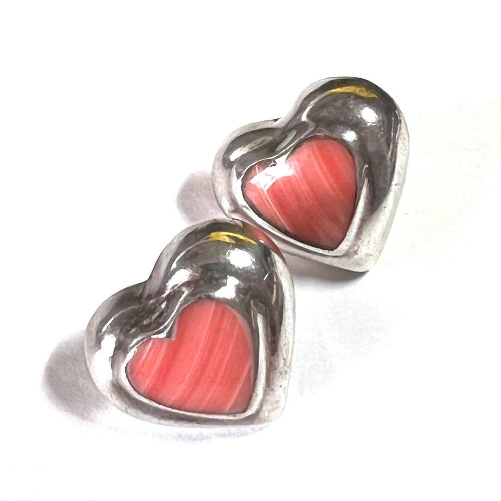 Sterling Silver Vintage Jewelry  Heart Earrings - Post Rhodochrosite 925 Mexico